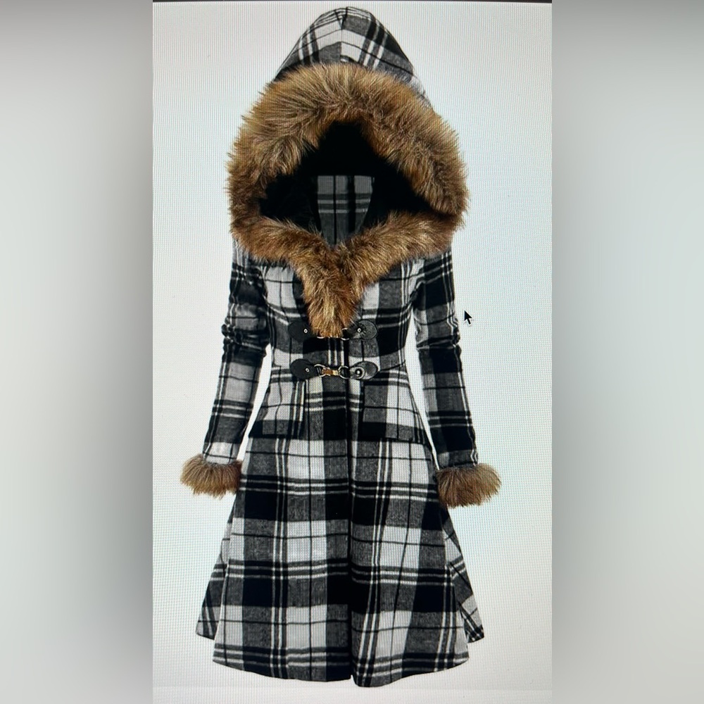 camisa fur collar hooded black plaid coat size XXL